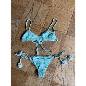 She Made Me Cotton Crochet Triangle Bikini Set, Mint Green, Sz S/M, EUC